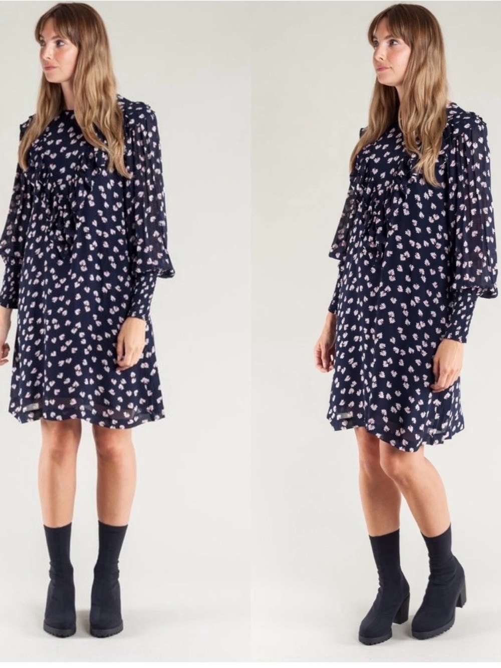 Ganni Navy Floral sheer puff Long-Sleeve Swing Dress daisy print ruffle accents